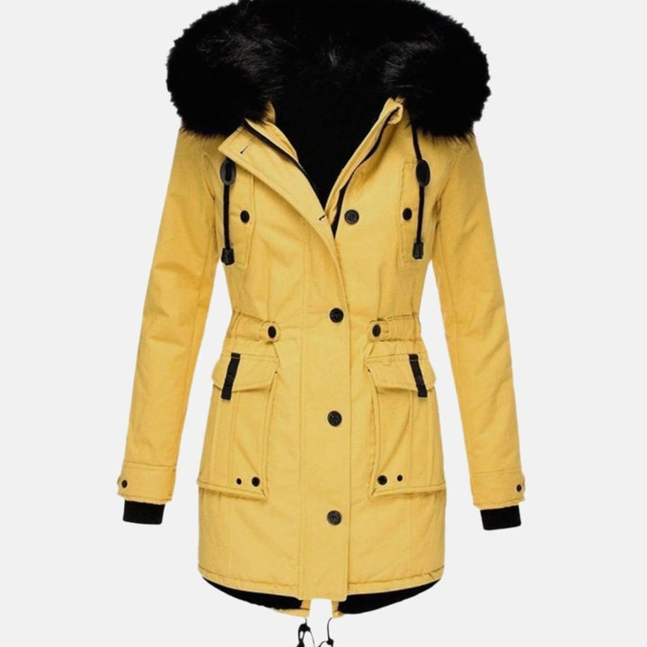 Yellow hooded parka with black faux fur trim and flap pockets