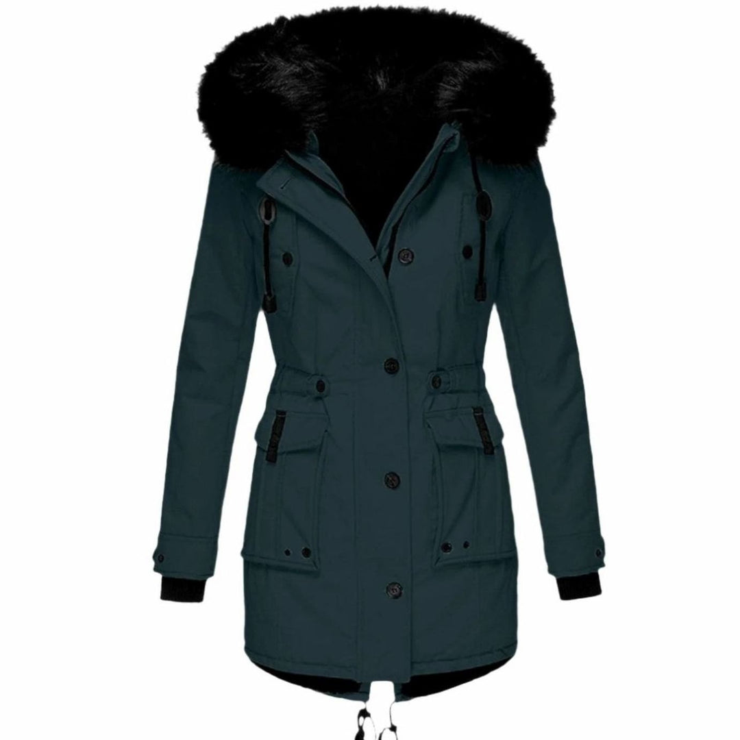 Teal green parka coat with black faux fur hood and cargo pockets