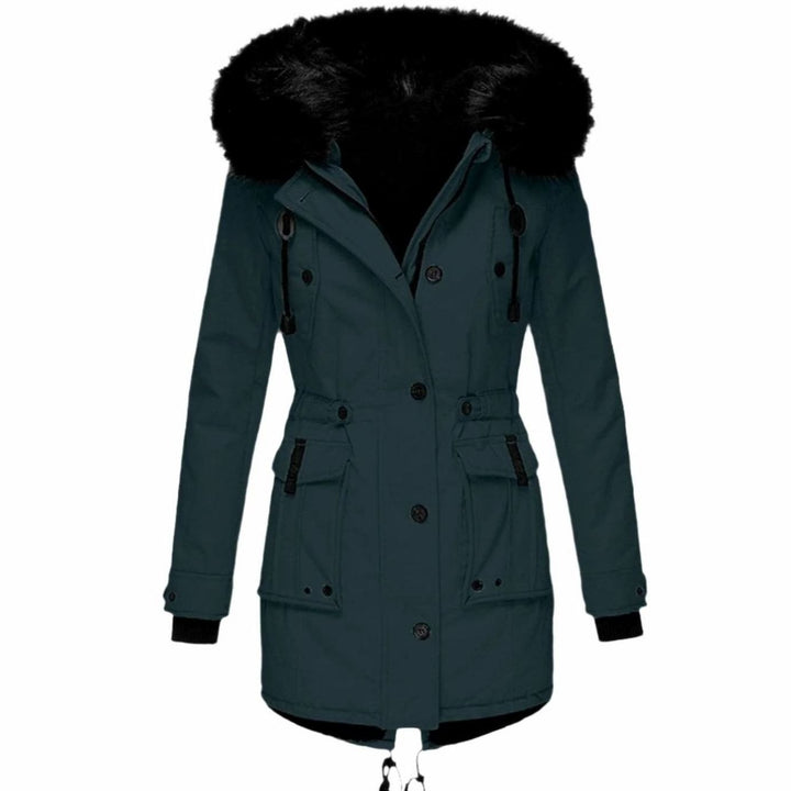 Teal green parka coat with black faux fur hood and cargo pockets
