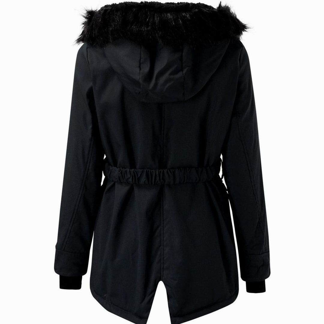 Rear view of black parka showing faux fur hood and elasticated waistband