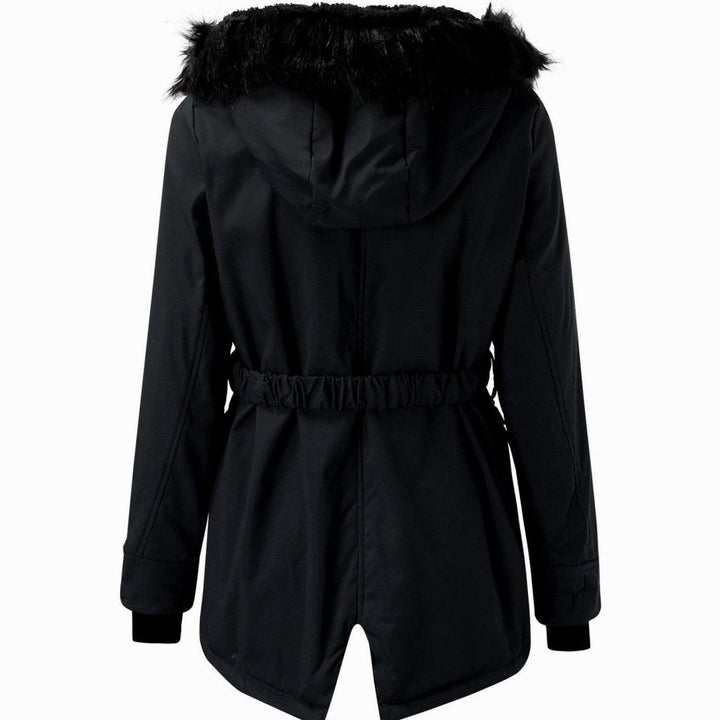 Rear view of black parka showing faux fur hood and elasticated waistband