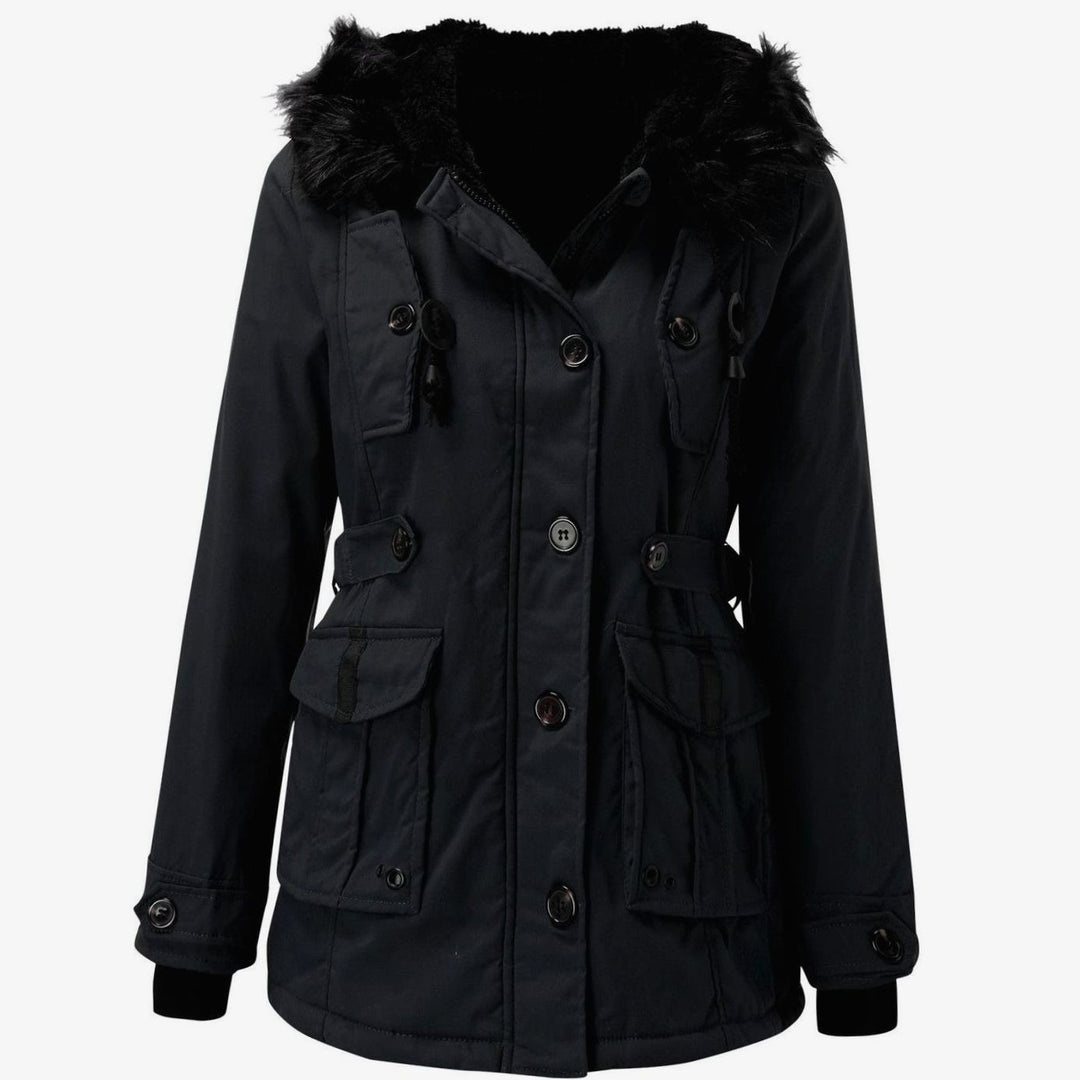 Navy fitted parka with black faux fur hood and toggle drawstrings