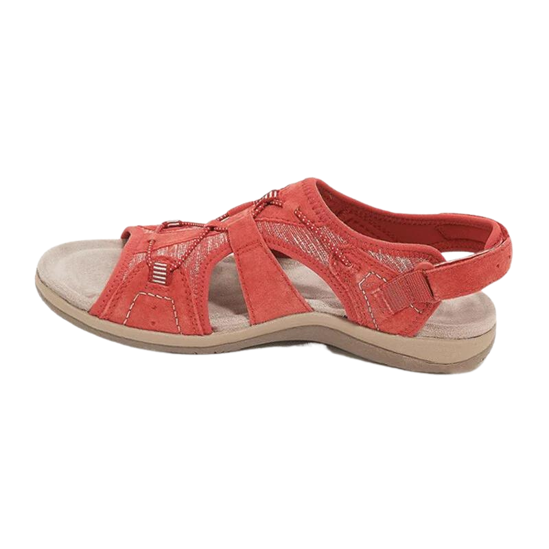 Coral red suede sandals with woven front and adjustable strap closure