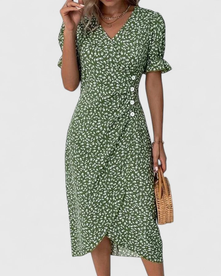 Green ditsy floral wrap midi dress with puff sleeves and side buttons