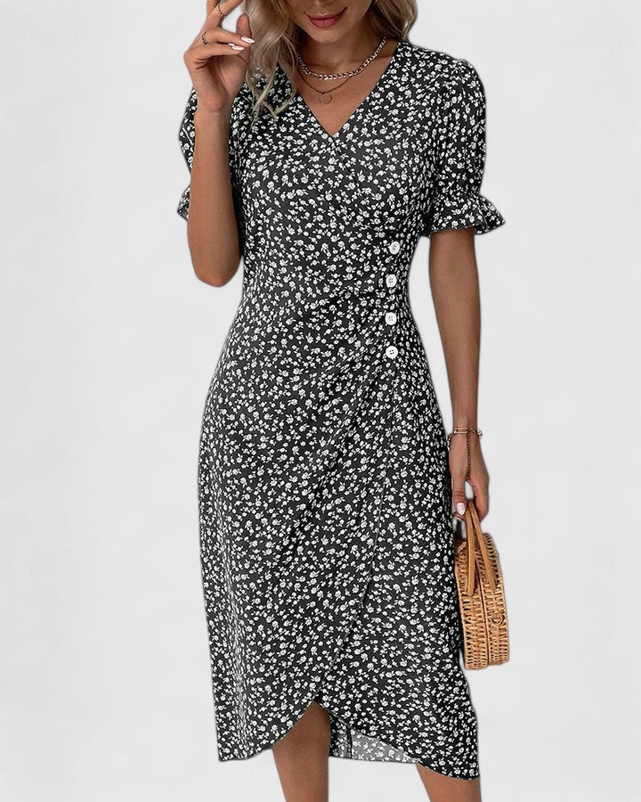 Black floral midi dress with flutter sleeves and side buttons