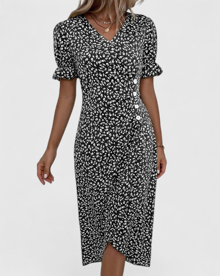 Black and white floral wrap dress with button-front styling
