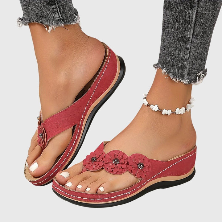 red floral thong wedge sandals with stitched footbed accent