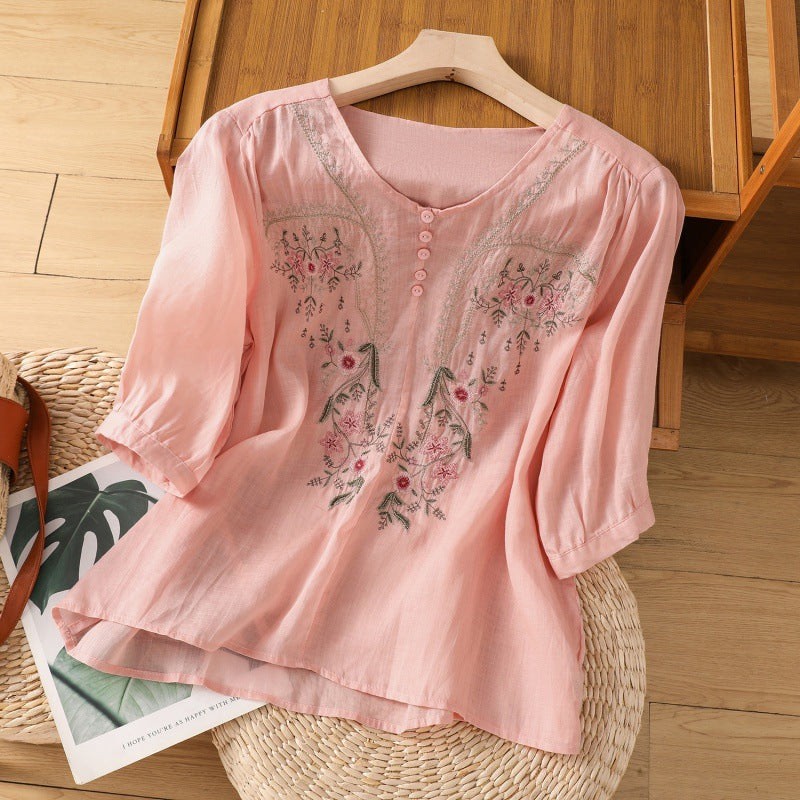 Pink floral embroidered blouse with button placket and half sleeves
