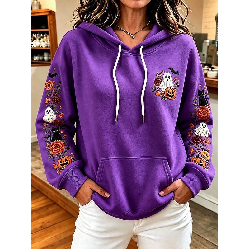 purple hoodie featuring embroidered Halloween ghost and black cat details
