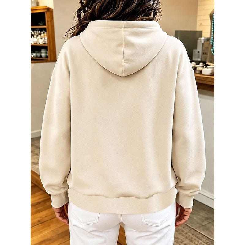back view of beige relaxed-fit hoodie with drawstring hood