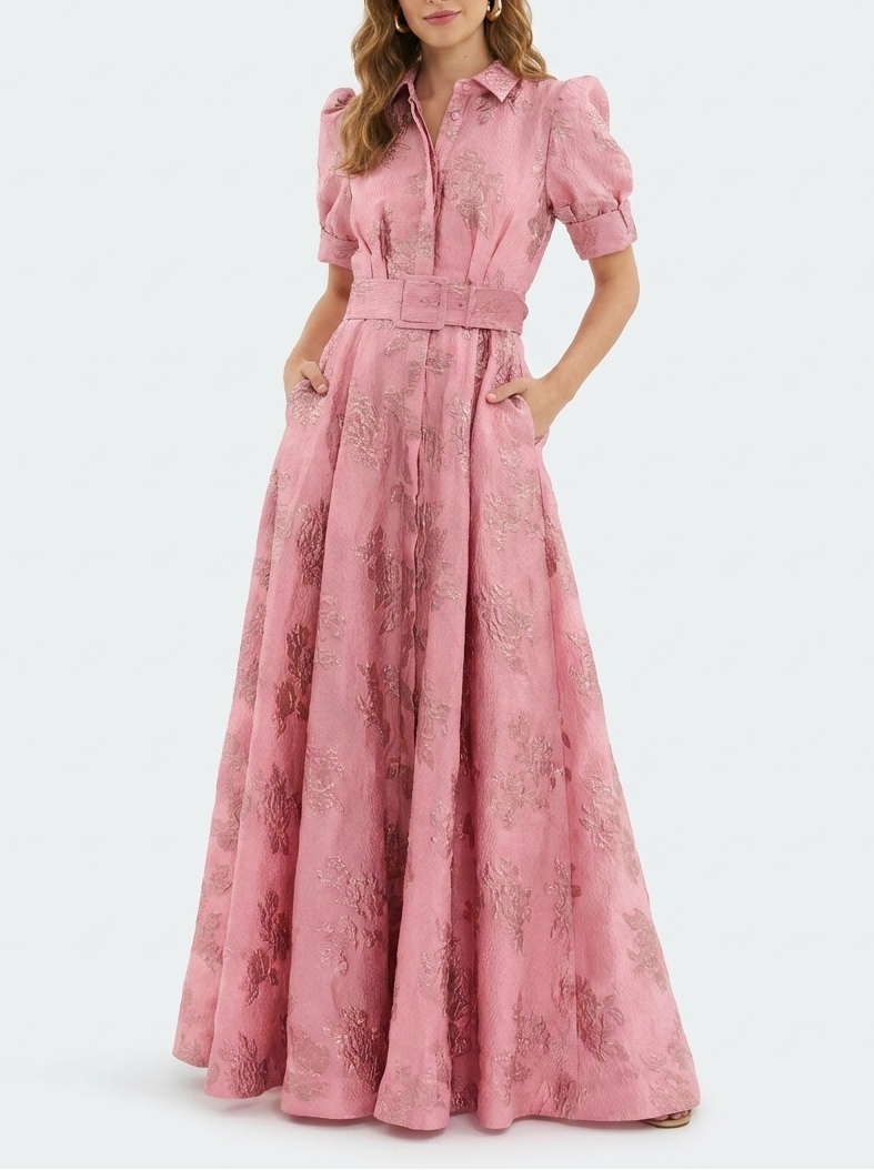 Pink floral jacquard maxi shirtdress with puff sleeves and belted waist