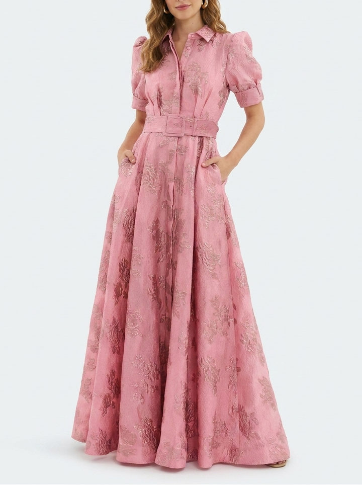 Pink floral jacquard maxi shirtdress with puff sleeves and belted waist