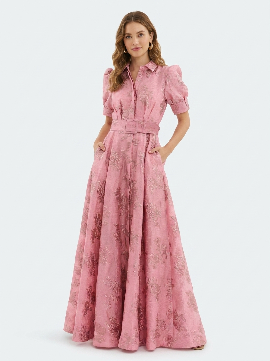Belted pink jacquard maxi dress featuring collared neckline and puff sleeves