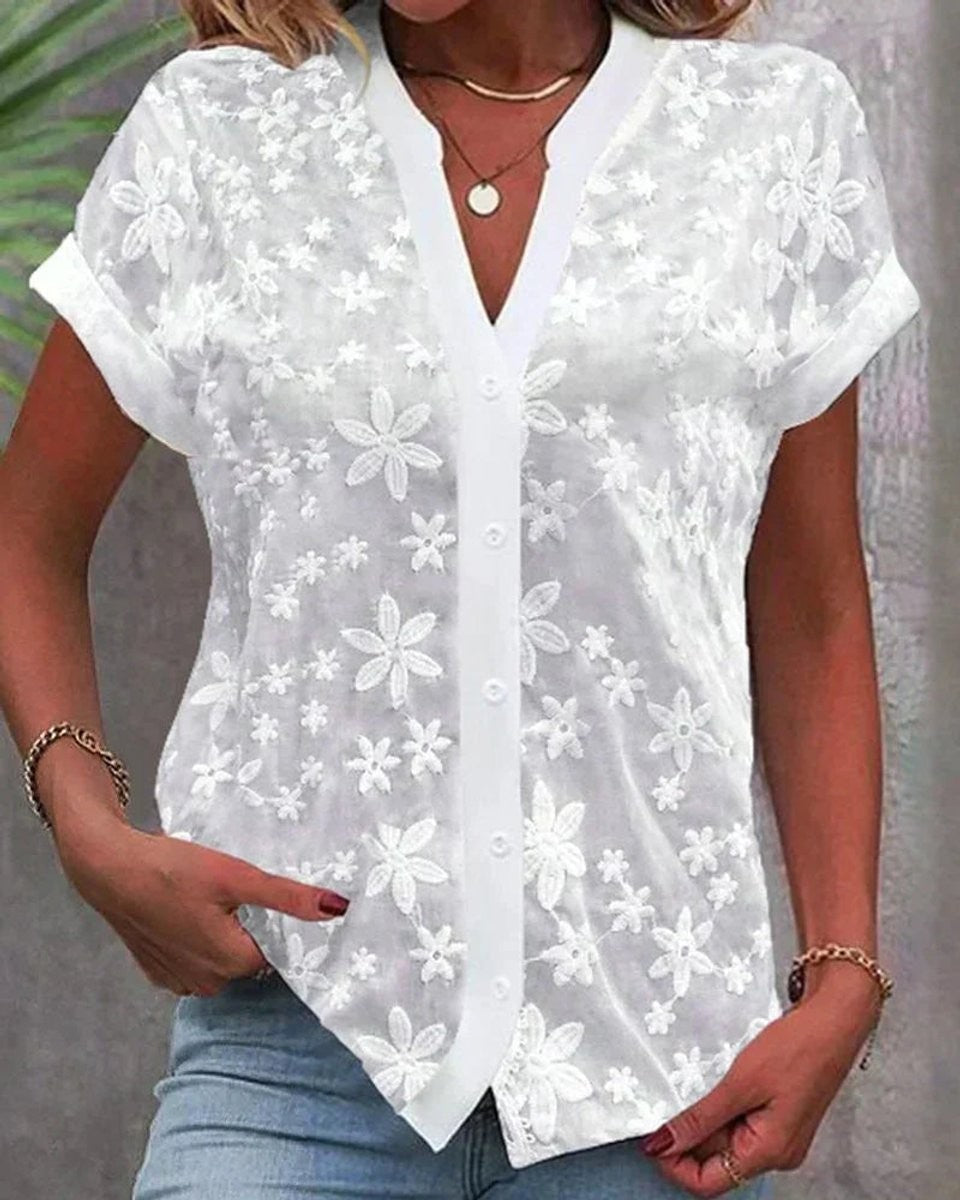 White floral lace button-down blouse with V-neck and short sleeves