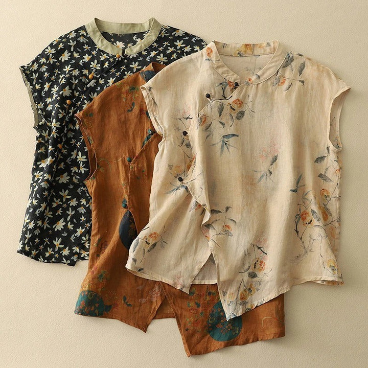 Three vintage-style sleeveless tops in floral prints, beige, brown, and black