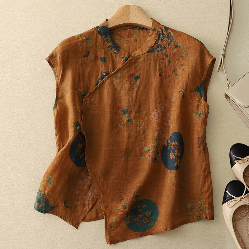 Brown floral sleeveless blouse with mandarin collar and asymmetric button placket