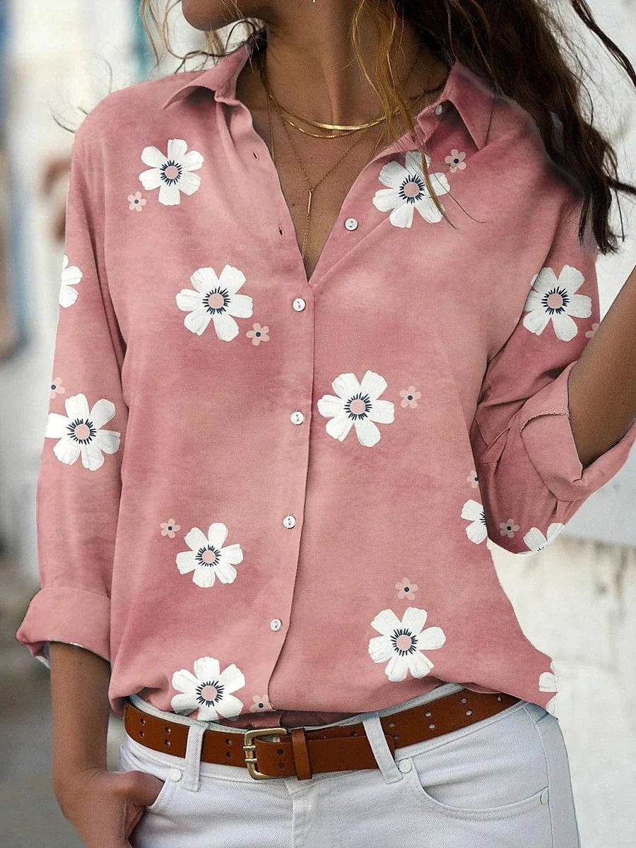 Pink floral print button-down blouse with rolled long sleeves and collar