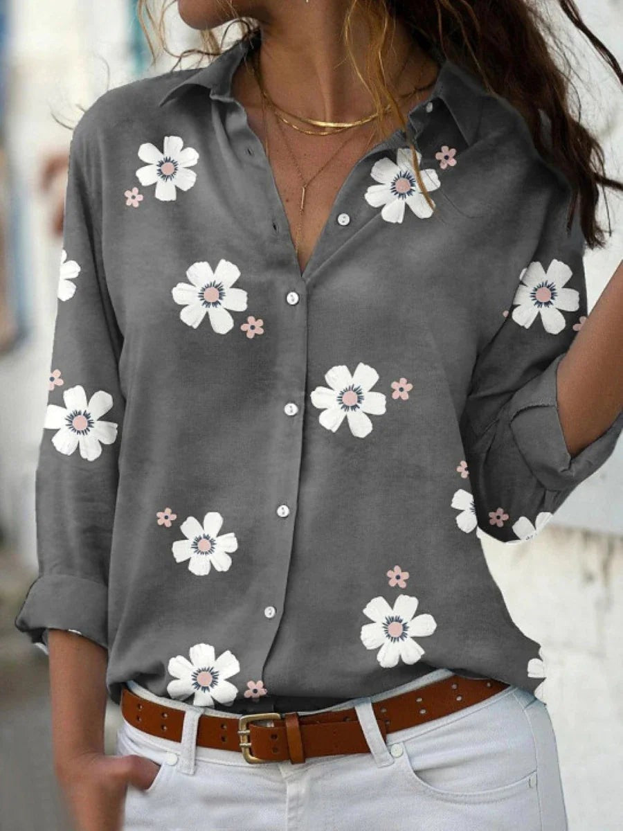 Gray floral print button-down blouse with white daisy pattern and collar