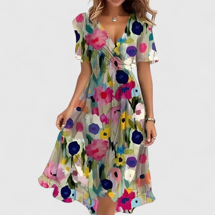 Multicolor floral chiffon wrap dress with short flutter sleeves and V-neck