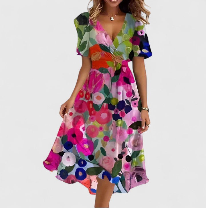 Pink and orange floral print midi dress with wrap waist and V-neck
