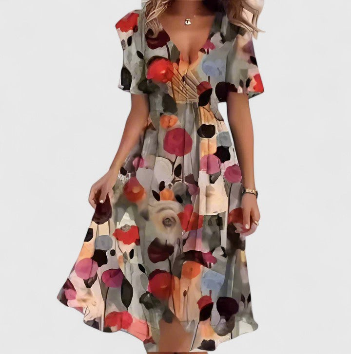 Red and gray floral chiffon dress with flutter sleeves and flowy skirt