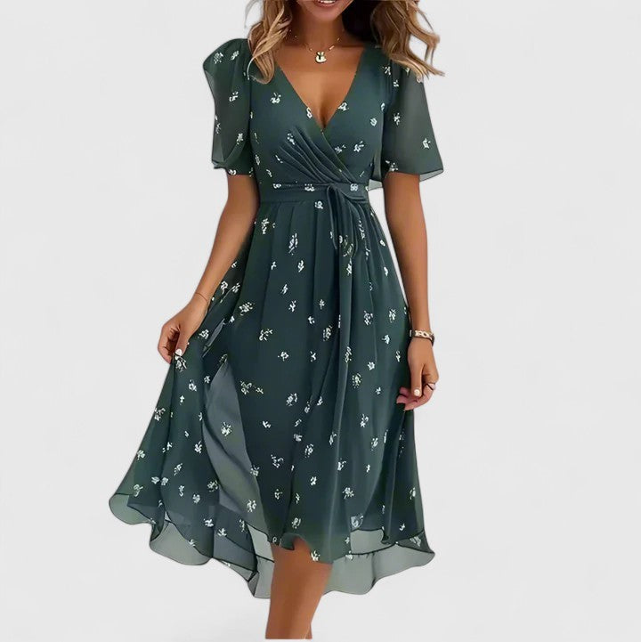 Dark green ditsy floral chiffon dress with V-neck and flutter sleeves