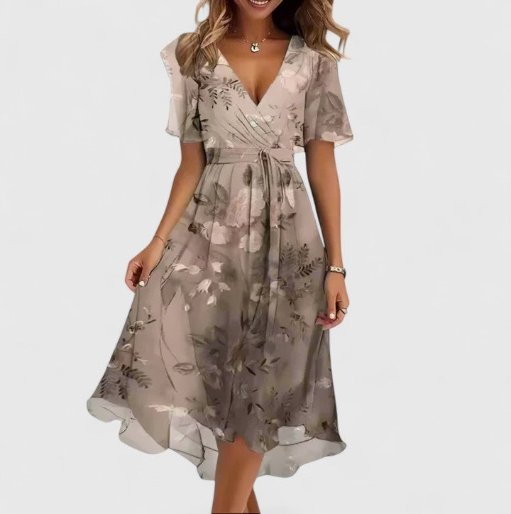 Taupe floral print wrap dress with tie waist and flutter sleeves