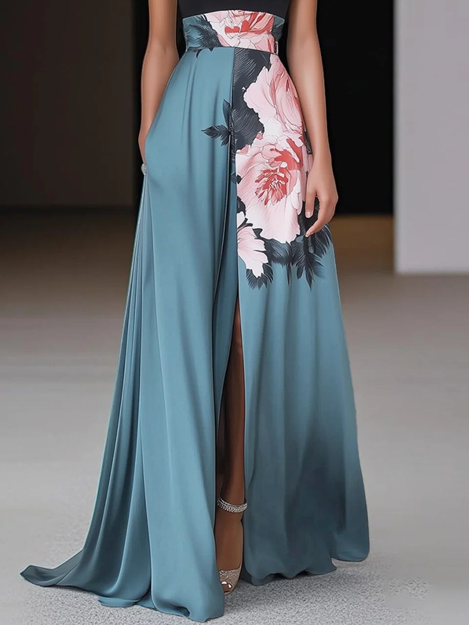 Teal floral maxi skirt with front slit detail and flowing train