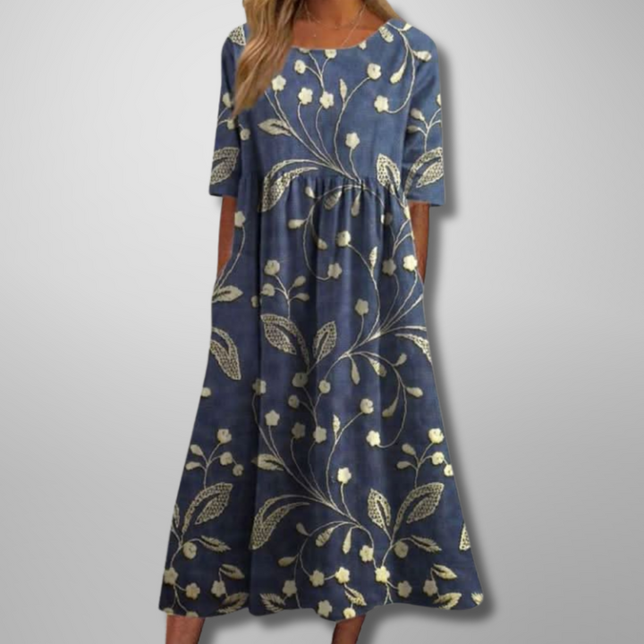 Navy blue floral midi dress with cream leaf print and half sleeves