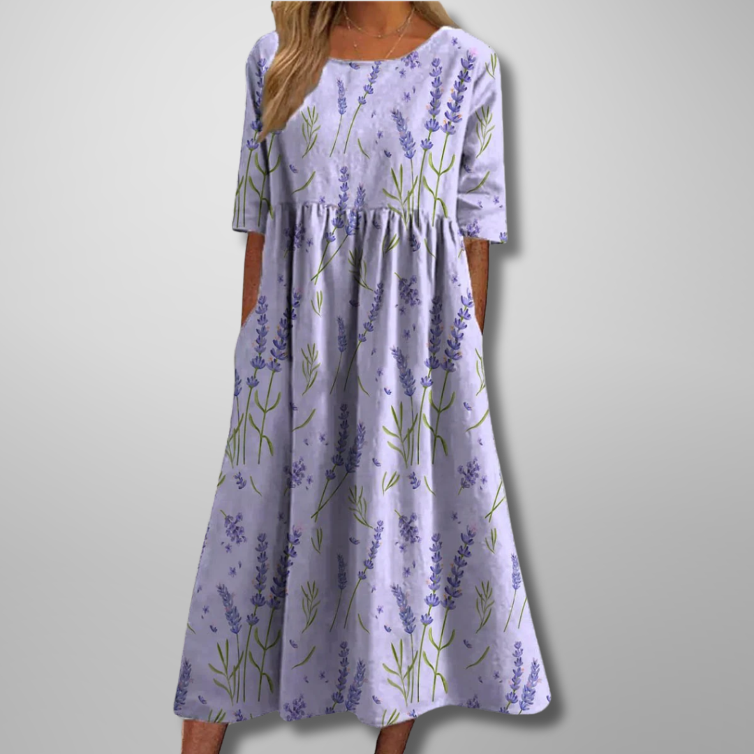 Lavender midi dress with botanical sprig print and short sleeves