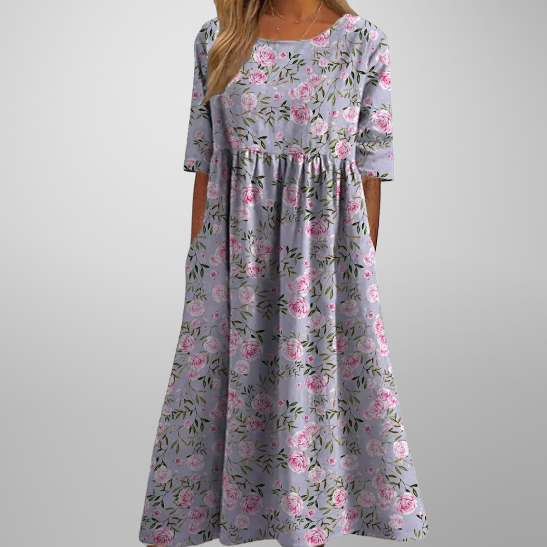 Gray midi dress with pink rose print and half-length sleeves