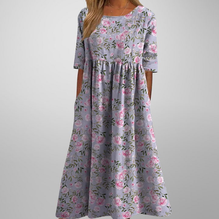 Gray midi dress with pink rose print and half-length sleeves