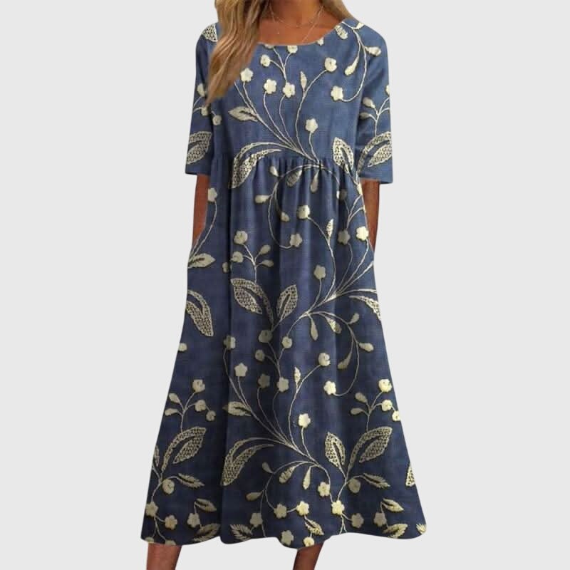 blue floral midi dress with half sleeves and empire waist