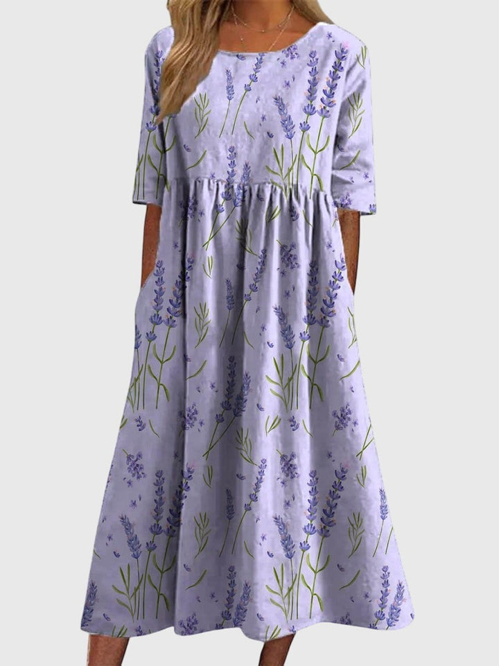 lavender midi dress featuring botanical lavender sprig print