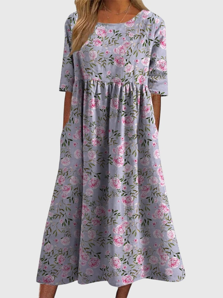 gray midi dress featuring allover pink peony print