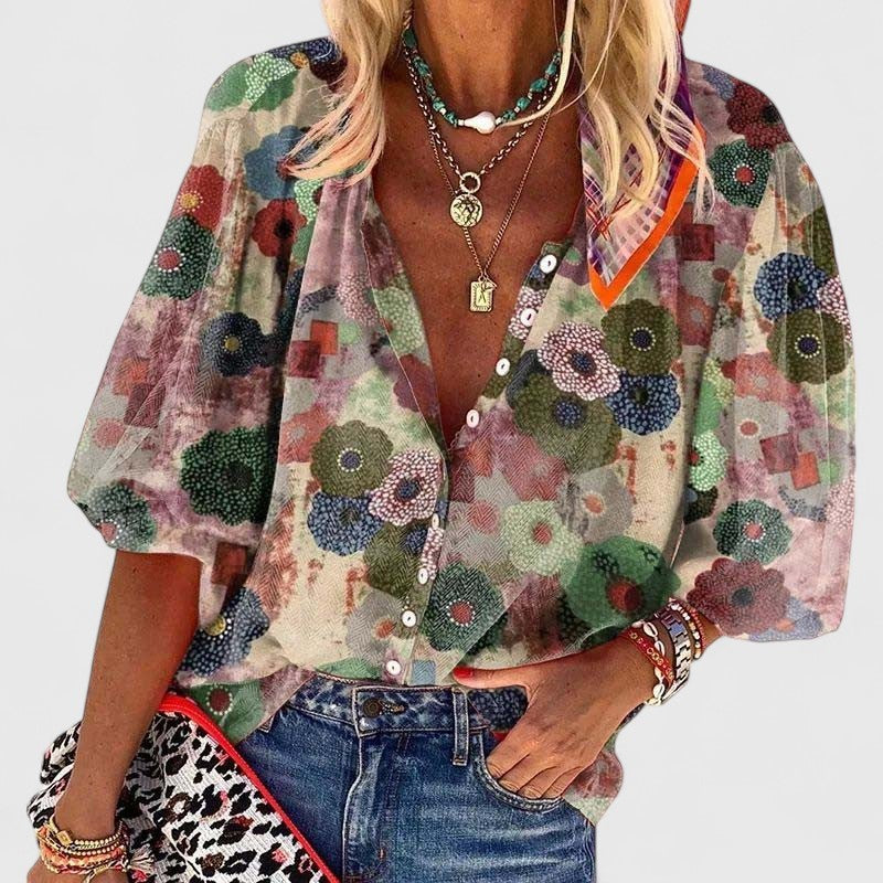 Floral print button-down blouse with V-neck and balloon sleeves, boho style