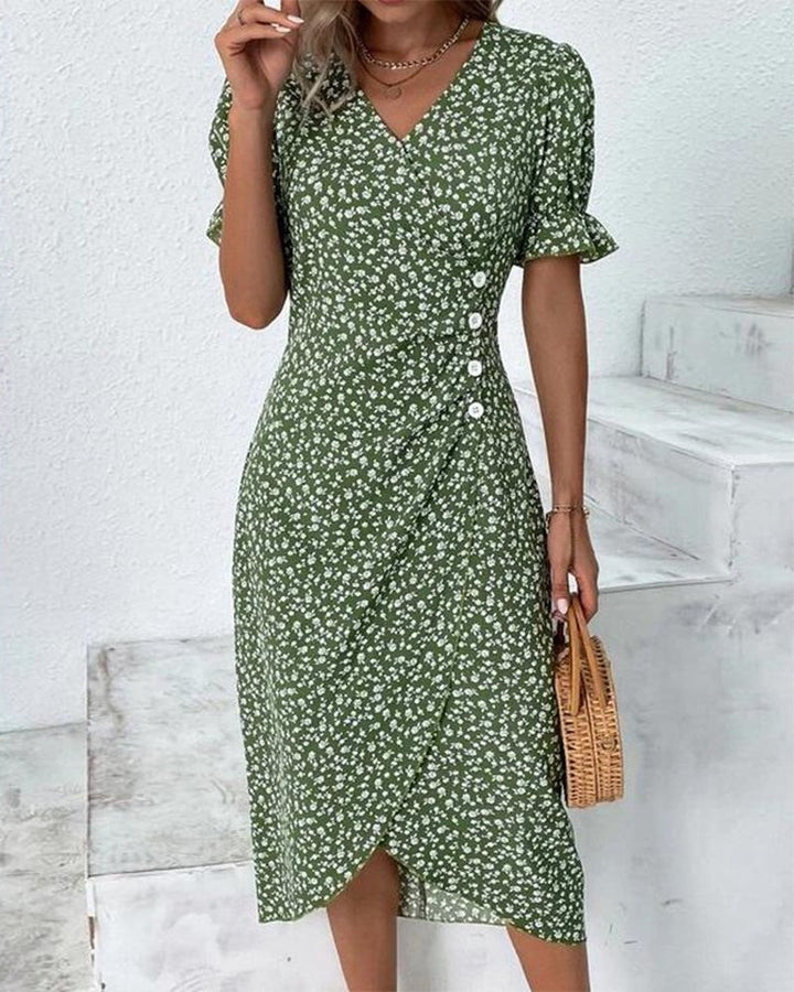 Green ditsy floral wrap dress with V-neck and ruffle sleeves