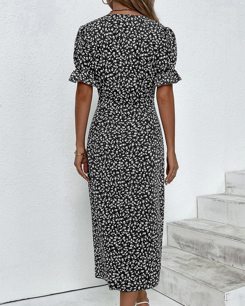 Black floral wrap dress with puff sleeves, back view
