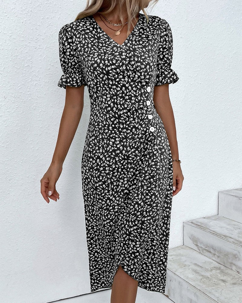 Black floral wrap dress with V-neck and ruffled sleeve cuffs