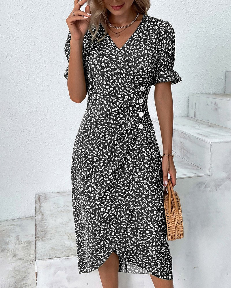 Black and white floral wrap dress with ruffled short sleeves