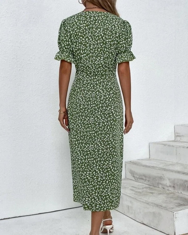 Green floral midi dress with puff sleeves, back view
