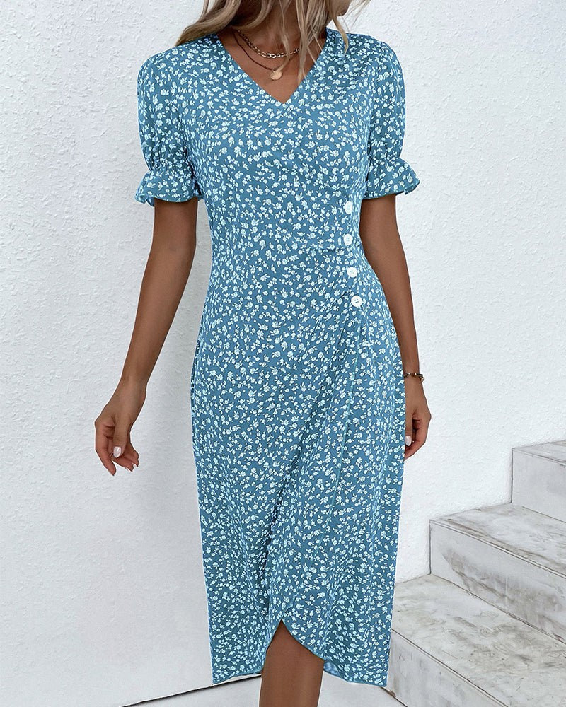 Blue floral V-neck midi dress with front button placket