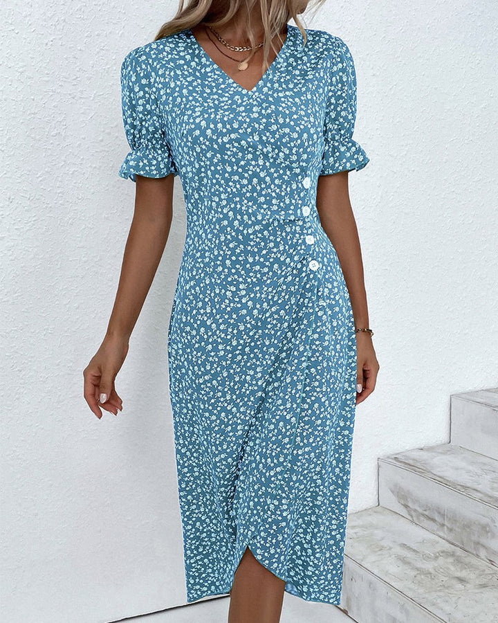 Blue floral V-neck midi dress with front button placket