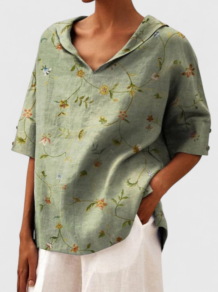 Sage green floral linen tunic with hooded collar and half sleeves