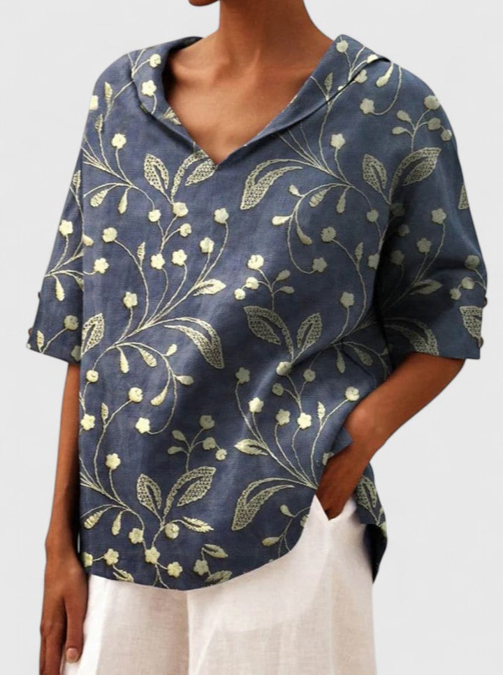 Navy blue floral embroidered linen top with hooded V-neck collar