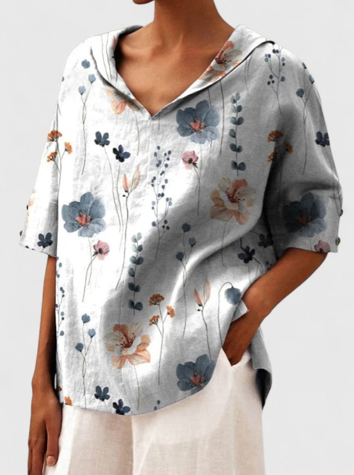 Gray wildflower print linen blouse with hooded collar and short sleeves