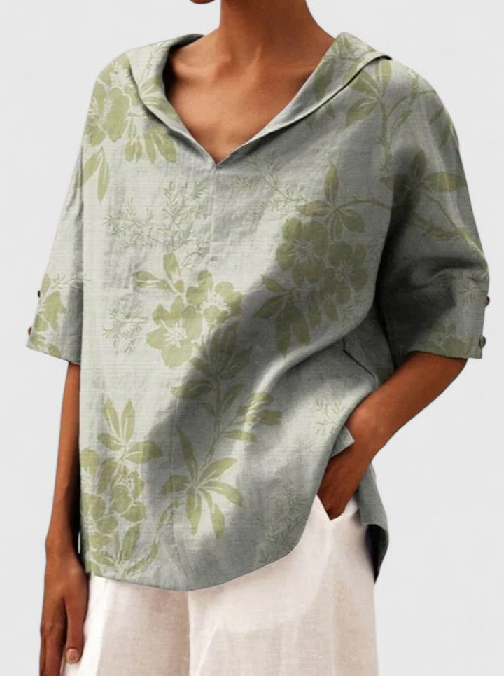 Sage green botanical print linen top with hood and V-neckline