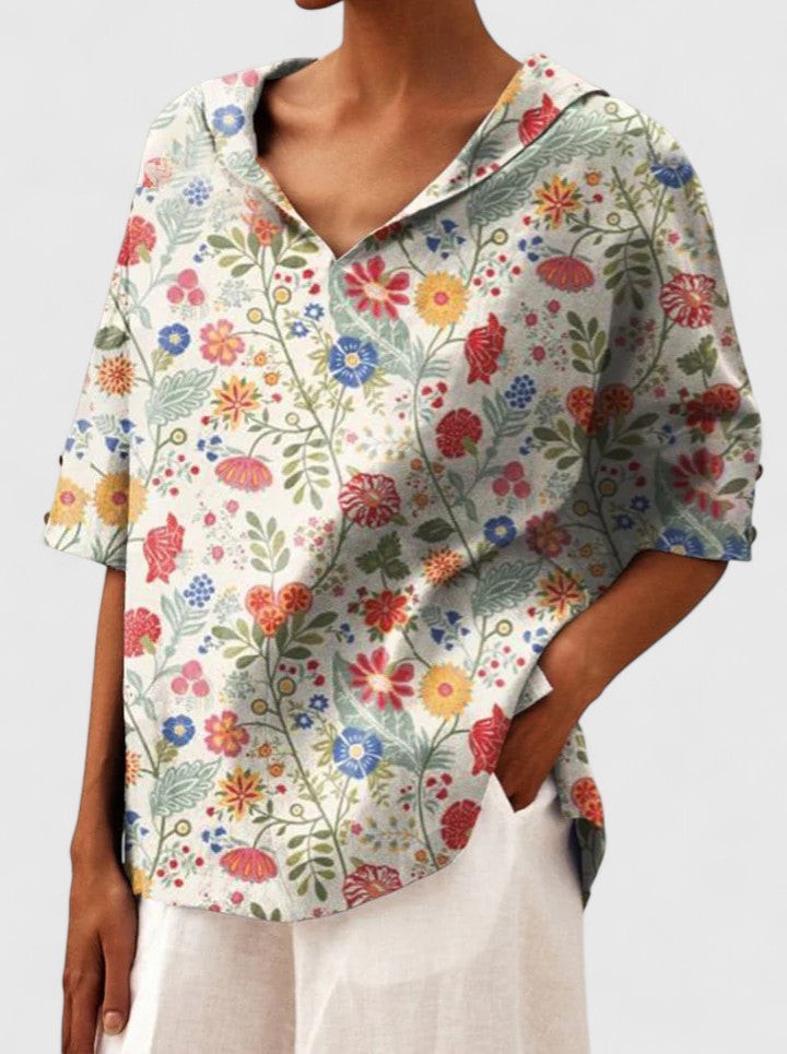 Multicolor floral linen blouse with hooded collar and relaxed fit