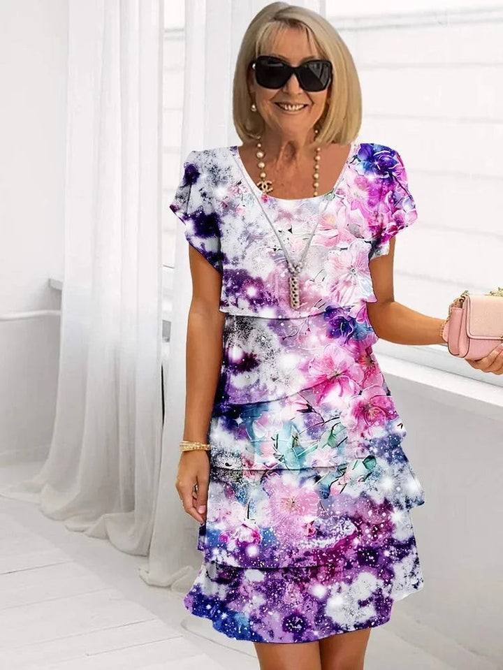 Purple tie-dye floral tiered dress with ruffled cap sleeves