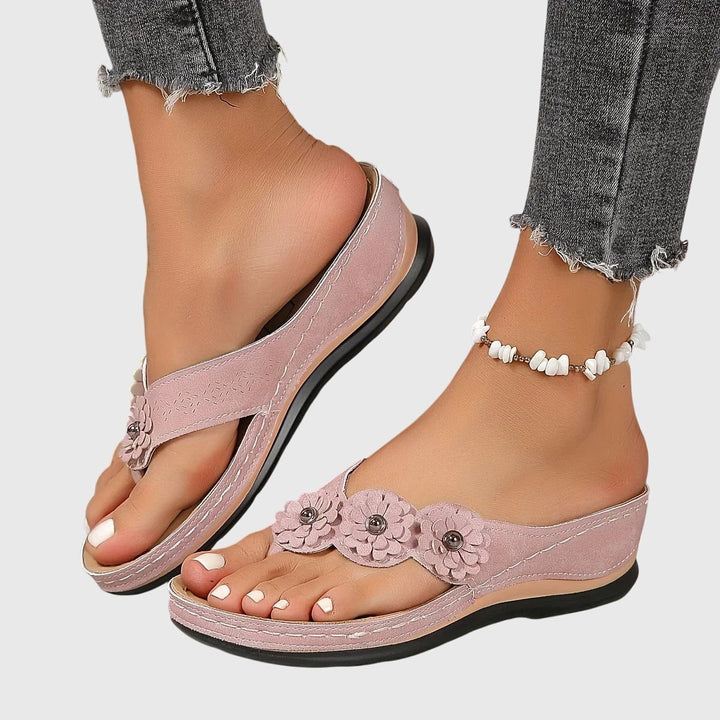 Blush pink flower wedge flip-flops with cushioned platform sole